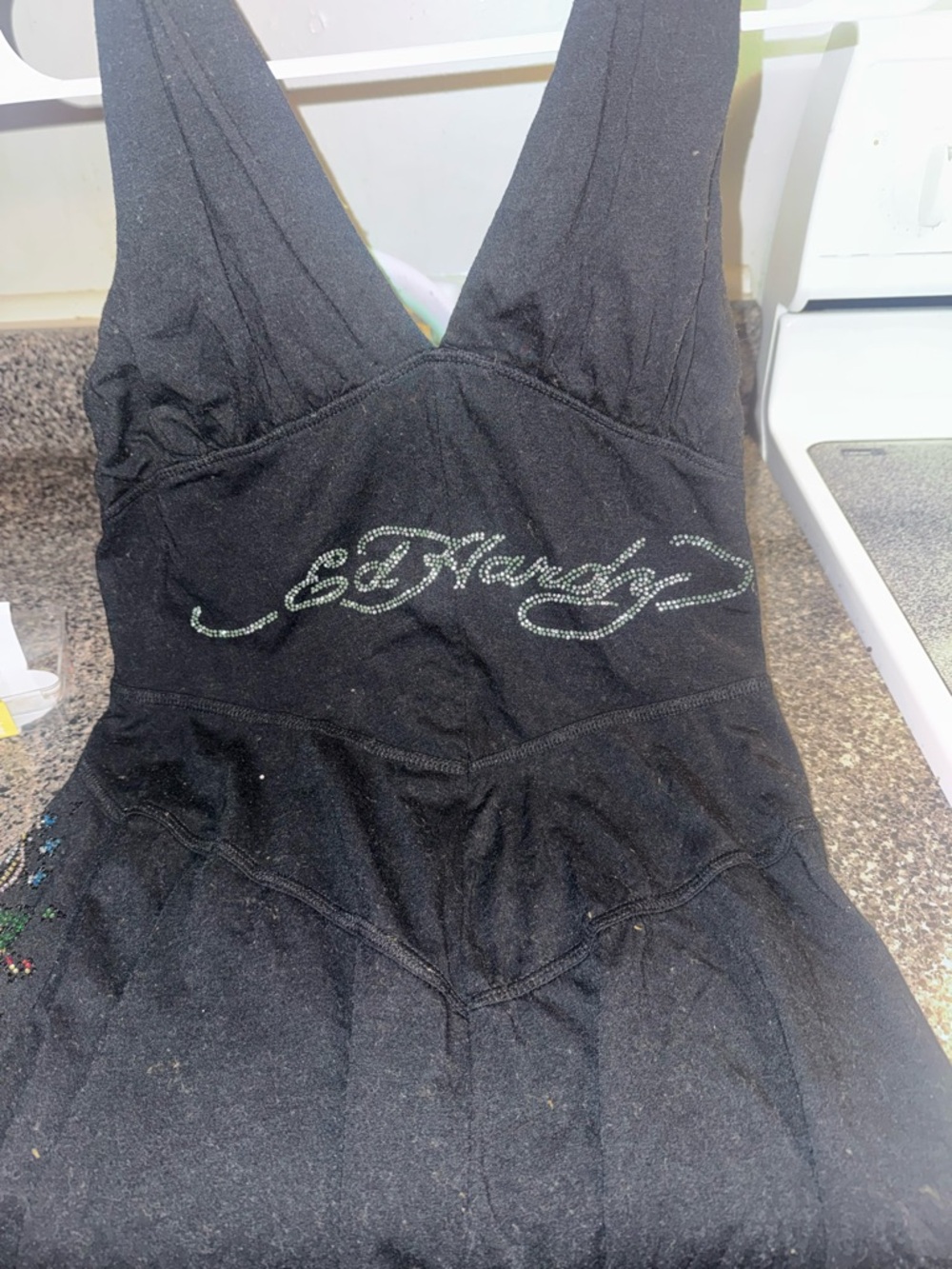Y2K Ed Hardy Black Rhinestone Logo V-Neck Dress